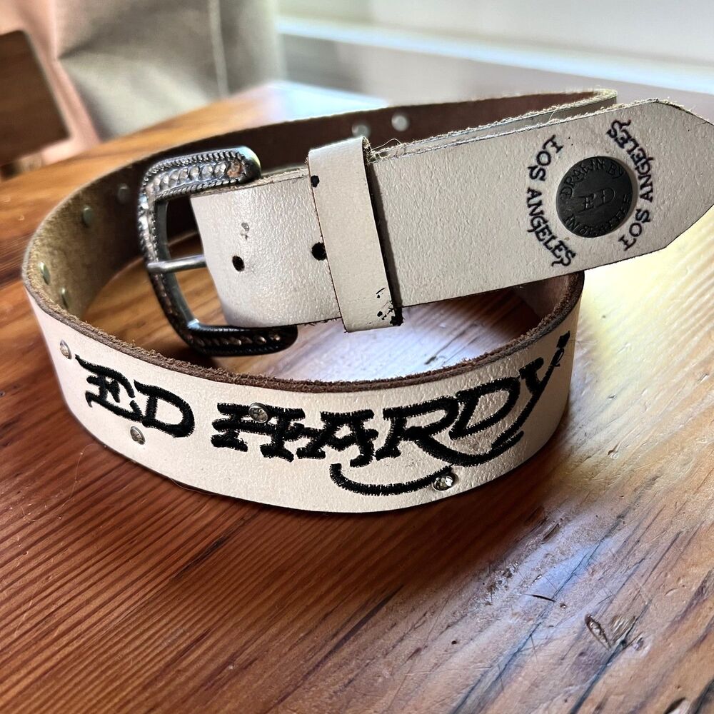 Y2K Ed Hardy Leather Belt L Rhinestone Tattoo Panther Skull Death or Glory Vtg